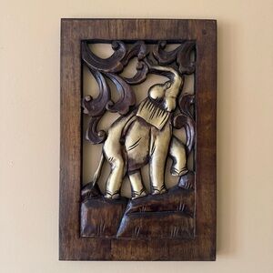 Vintage Thailand Teak Carved Golden Elephant Wall Hanging Art 17.5” By 11.5”